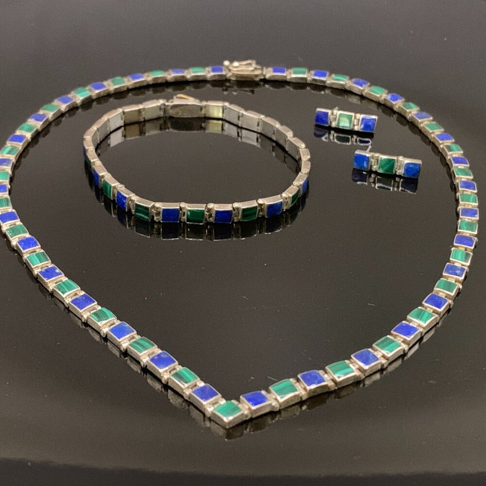 950 silver Taxco Blue and Green Inlay Necklace Bracelet and Earrings Set